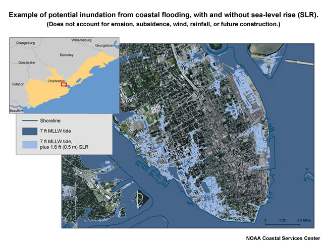 Map showing potential inundation from coastal flooding with and without sea level rise