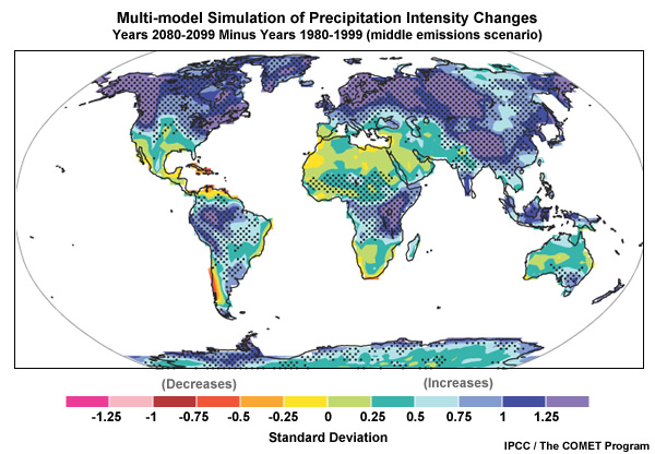 IPCC projection of precipitation intensity changes during the years 2080-2099 as compared to 1980-1999