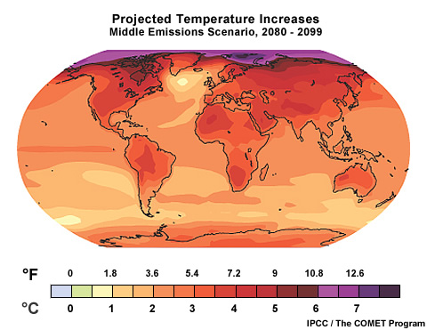 Middle emissions projection of global temperature, 2080-2099