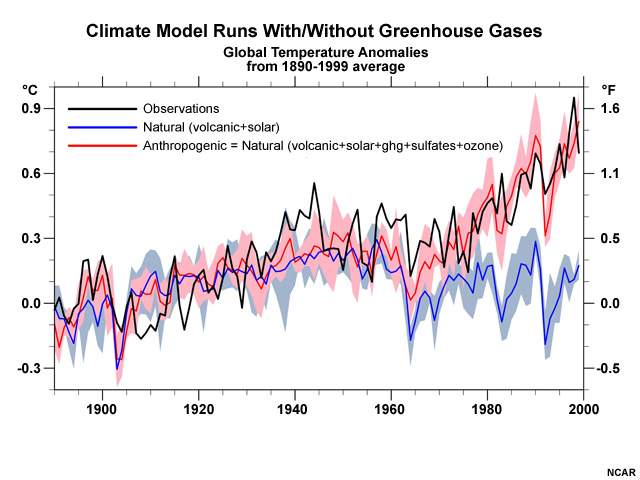 Models of 20th century climate run with and without anthropogenic greenhouse gases