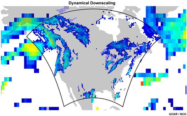 A three-hour snapshot of a regional climate simulation showing the coarse model representation on the outside of the domain and the higher resolution in the downscaled model.