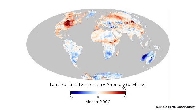 Land surface temperature anomalies for a given month (March) compared to the average conditions during that period between 2000-2008. Places that were warmer than average are red, places that were near normal are white, and places that were cooler than average are blue.