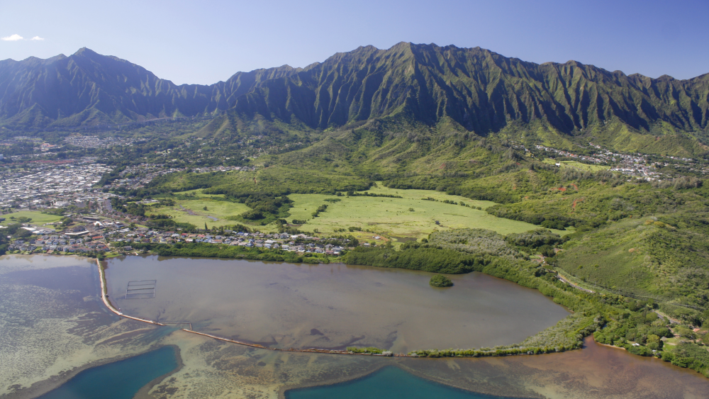 Ariel photo of a bay backed by steep forested mountains