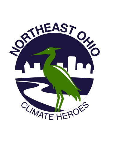 A dark blue circular logo of a green shorebird standing in front of a river and a city depicted in white space, framed by words in dark blue, "Northeast Ohio Climate Heroes"