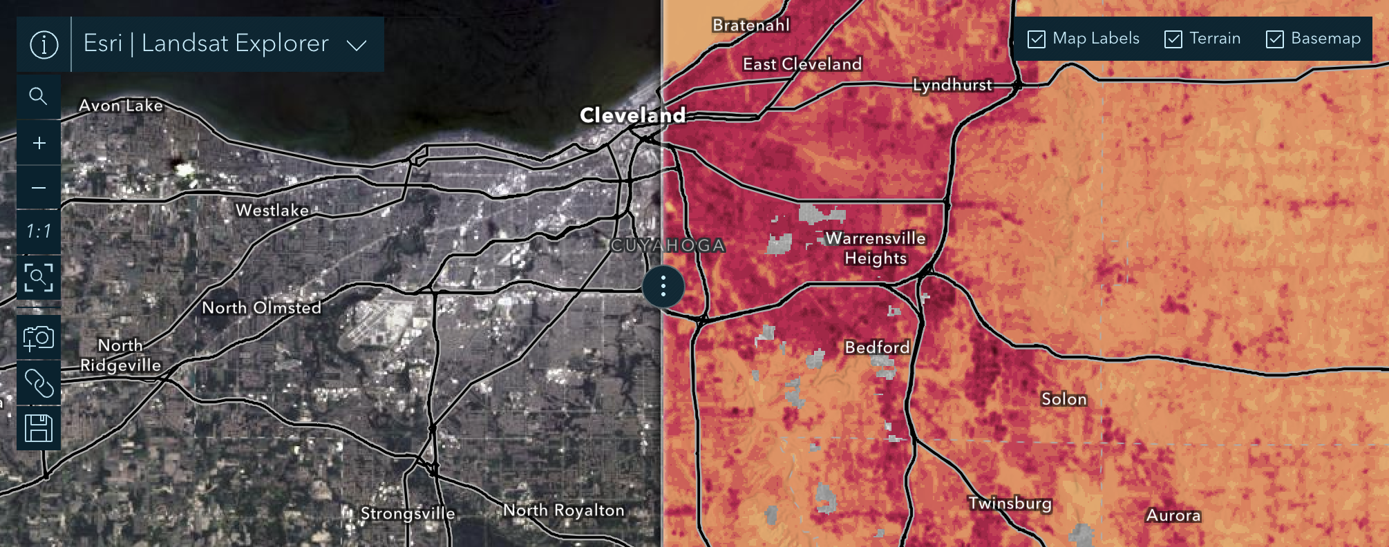 Screenshot of a satellite map of Cleveland, half in natural color, half thermal
