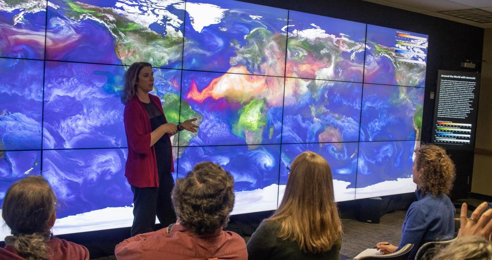 Lori Perkins describes colorful NASA visualizations at the Goddard Space Flight Center hyperwall
