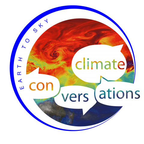 Colorful graphic with text saying climate conversations, 1st and 3rd Wednesdays 3pm ET / noon PT
