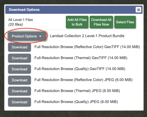 screenshot showing "Product Options" button on EarthExplorer