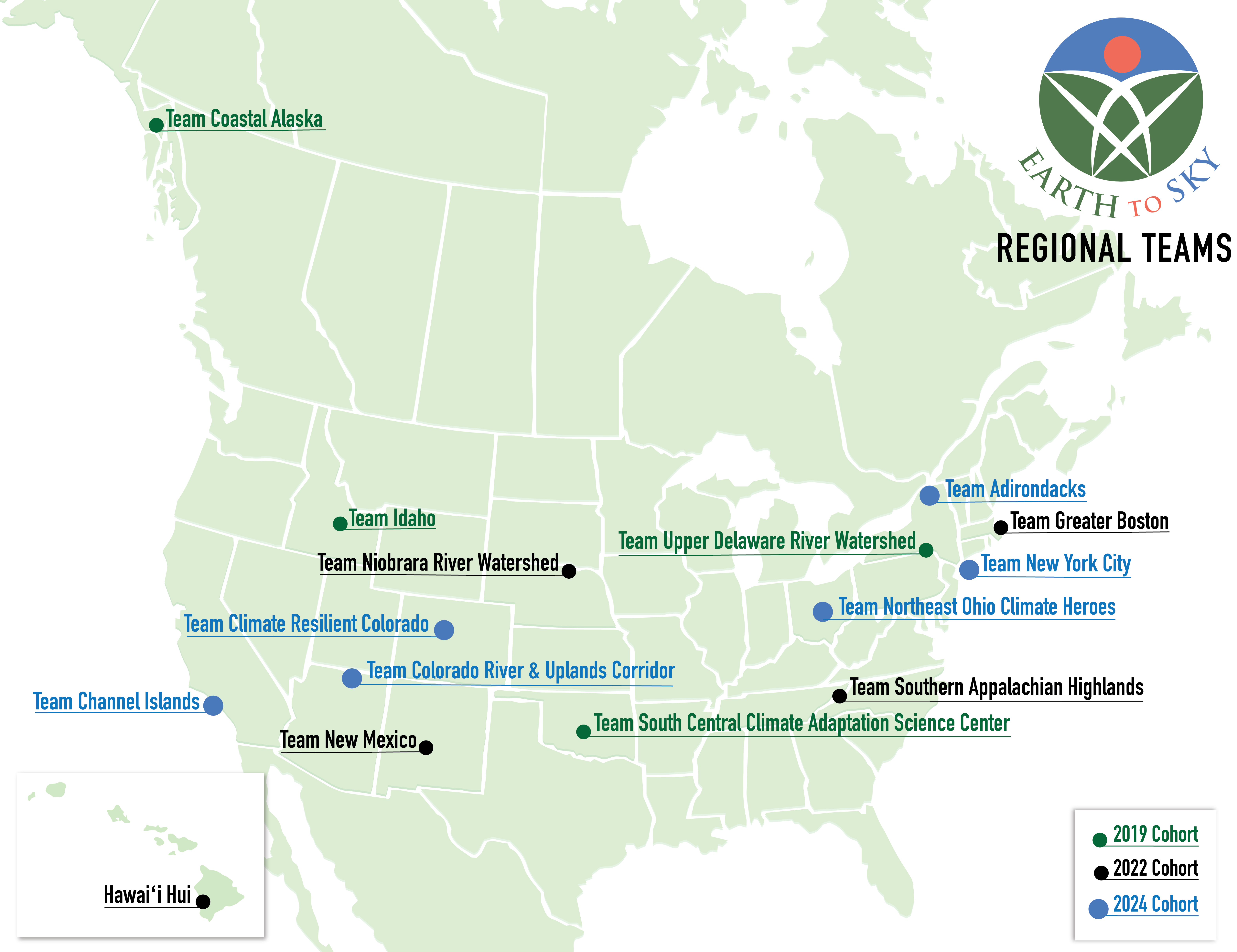 Map of North America showing the locations of fifteen regional teams from three cohorts: 2019, 2022, and 2024.