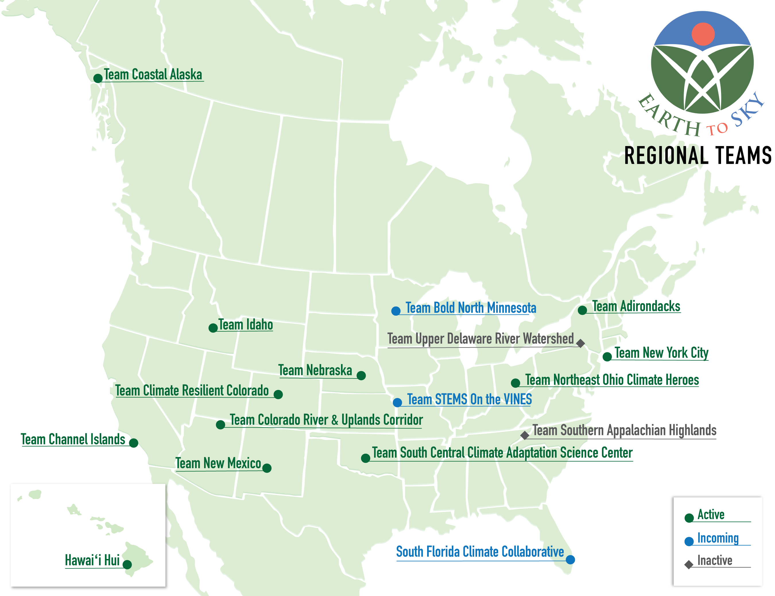 Map of North America showing the locations of seventeen regional teams, two of which are inactive.