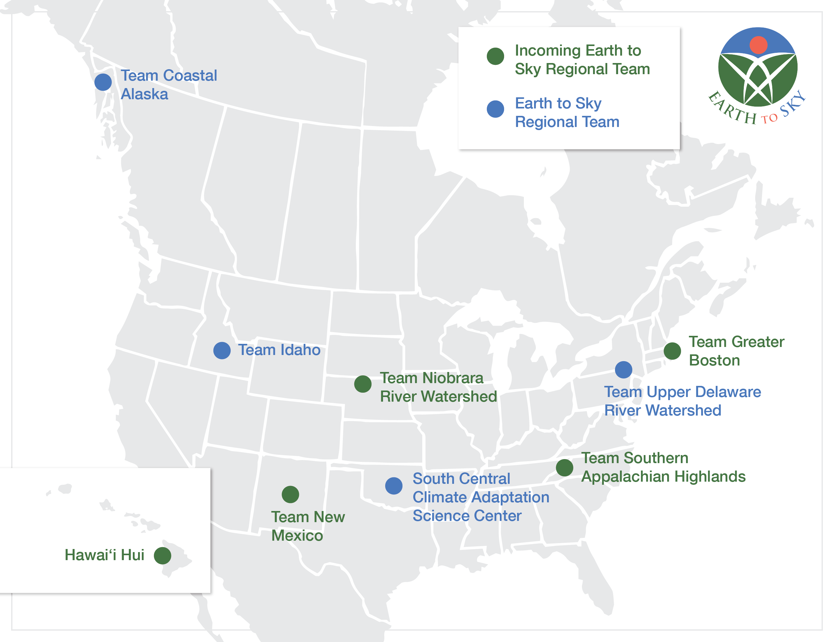 Map of North America showing dots with location of regional teams